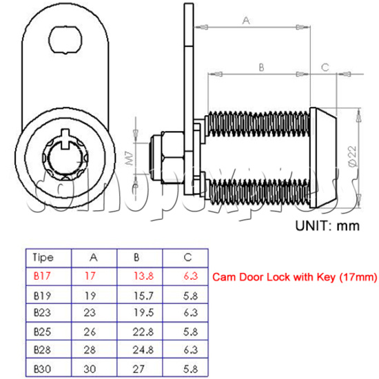 Cam Door Lock with Key (17mm) dimension