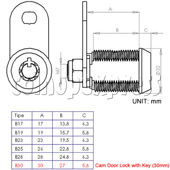 Cam Door Lock with Key (30mm) dimension
