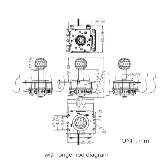 Illuminated Superior Joystick for Arcade Machine 37.28mm Diamond Ball Top longer rod diagram